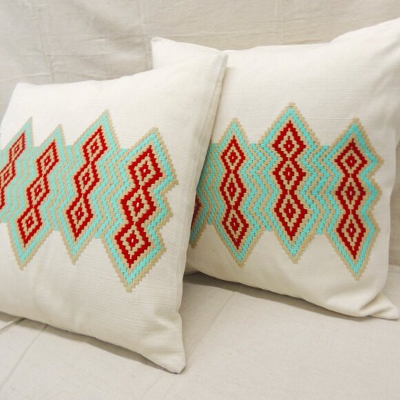Aqua & Red Embroidered Square Pillow Covers - Set of 2 - Picture 1 of 5